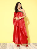 InWeave Women's Red Green Brocade Satin Oneshoulder Kurta Set