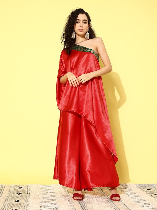 InWeave Women's Red Green Brocade Satin Oneshoulder Kurta Set