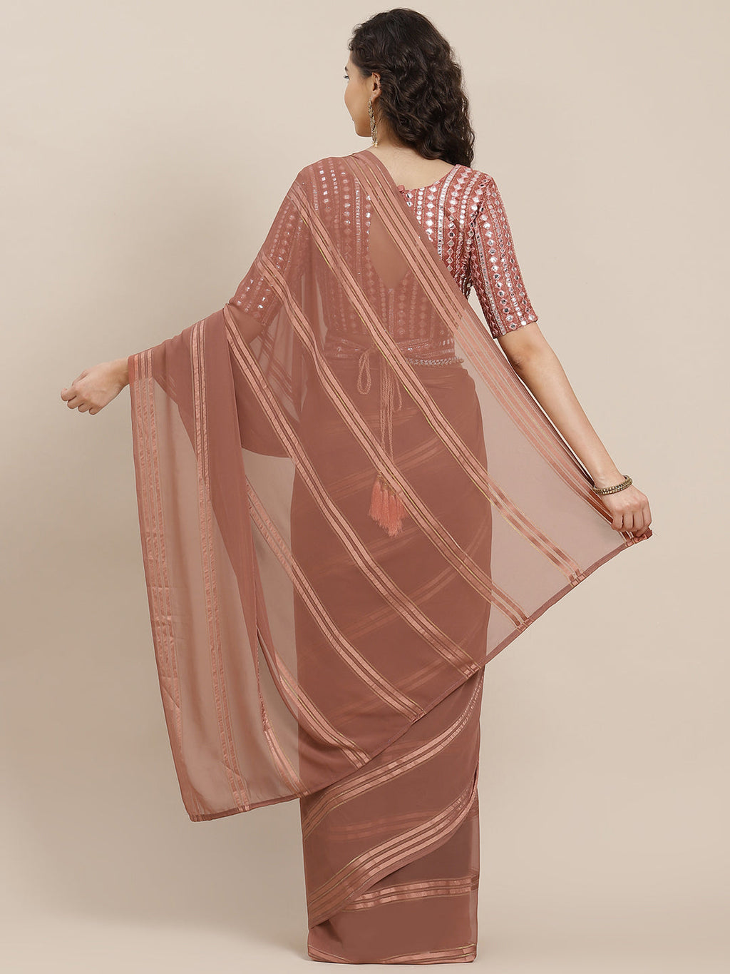 Saree Mall Brown Striped Mirror Work Saree
