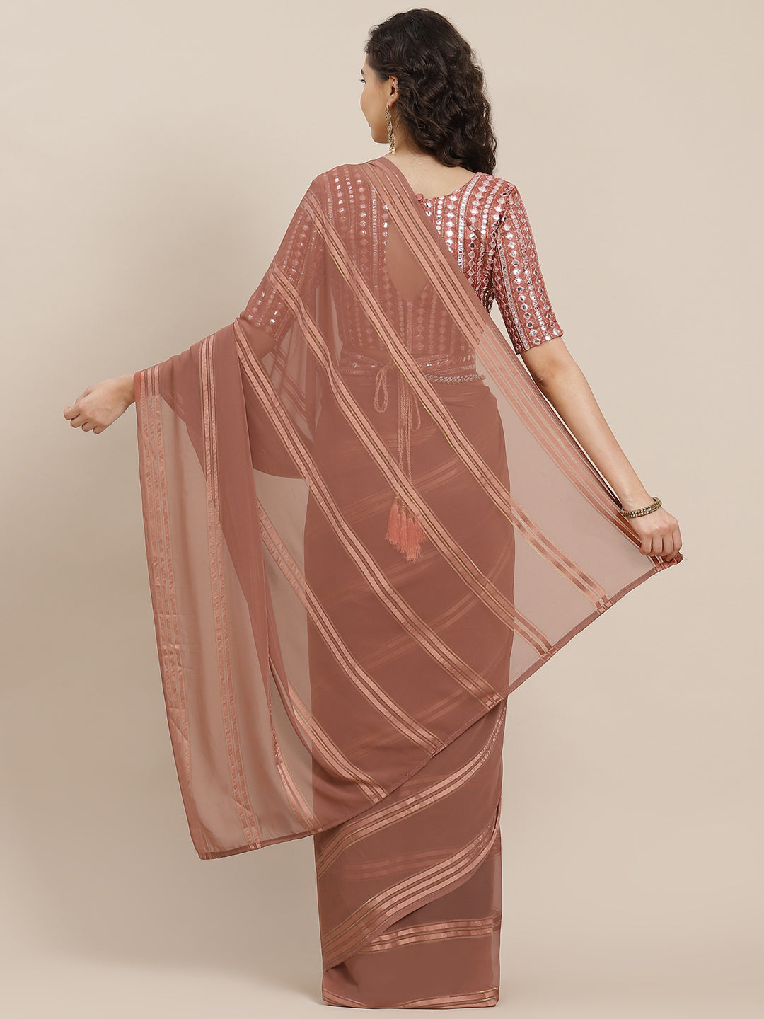 Saree Mall Brown Striped Mirror Work Saree