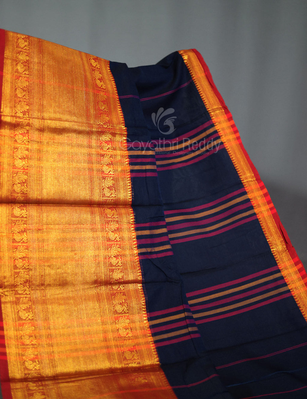 Kalanetha Navy Blue With Zari Kanchi Style Pure Narayanpet Cotton Saree By Gayathri Reddy Designer Studio