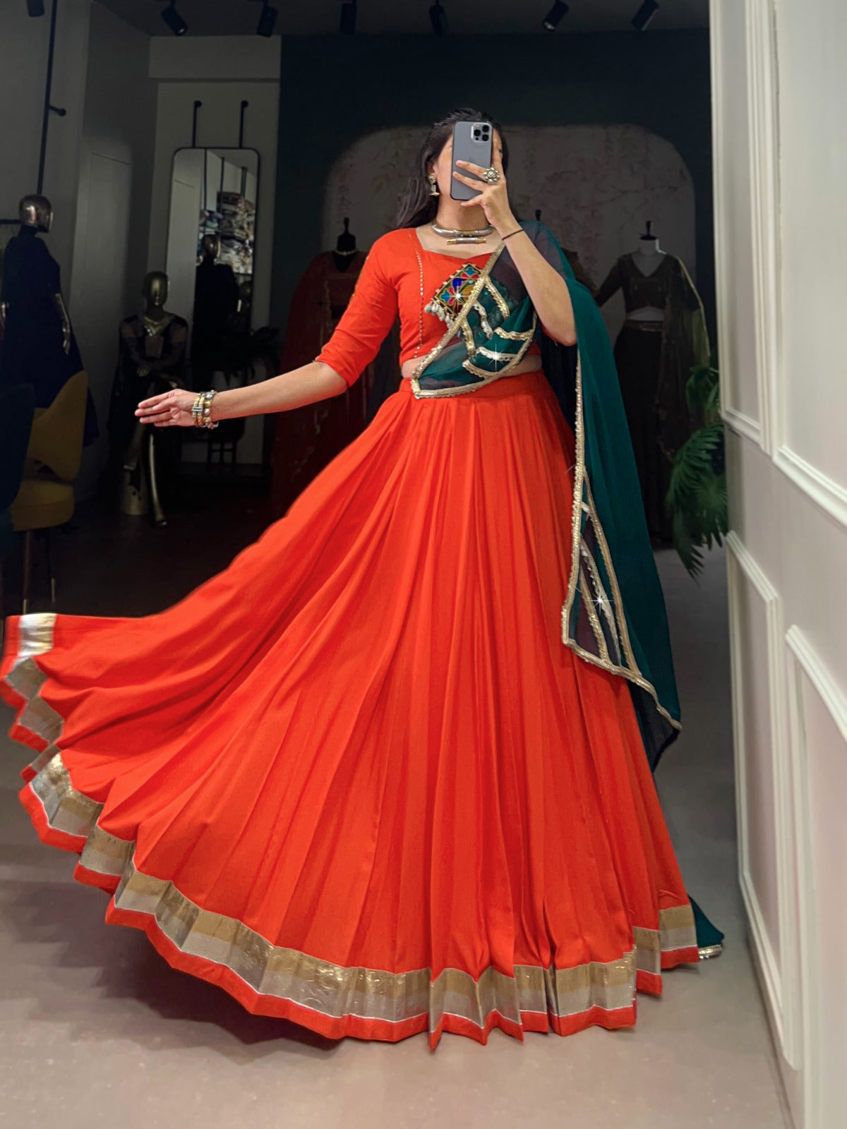 Lorenvalley Orange Pure Rayon Embossed Design Lace Touch Up Lehenga Choli with Dupatta