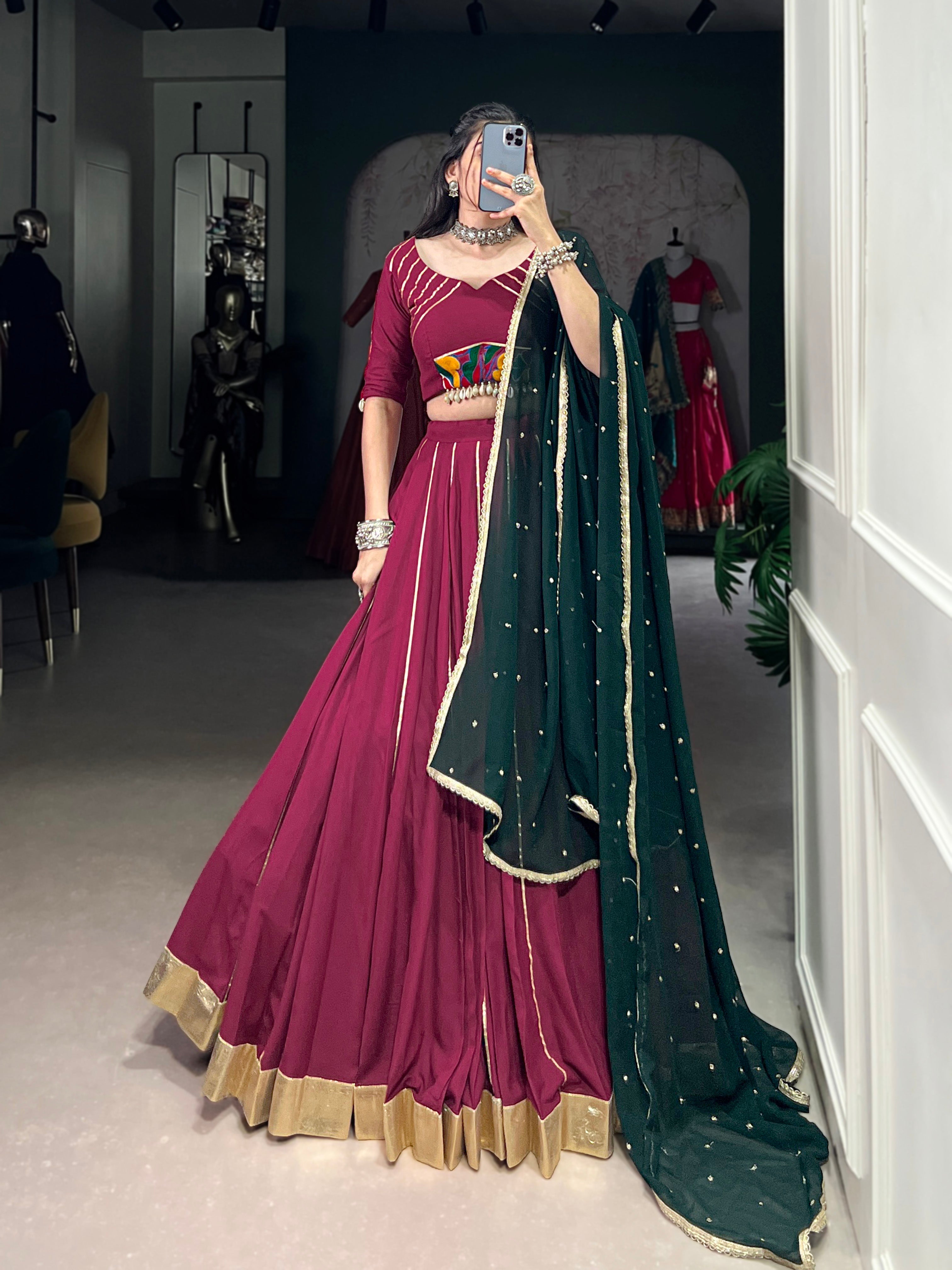 Lorenvalley Ranipink Pure Rayon Embossed Design With Gotta Patti Lace Touch Up Lehenga Choli with Dupatta