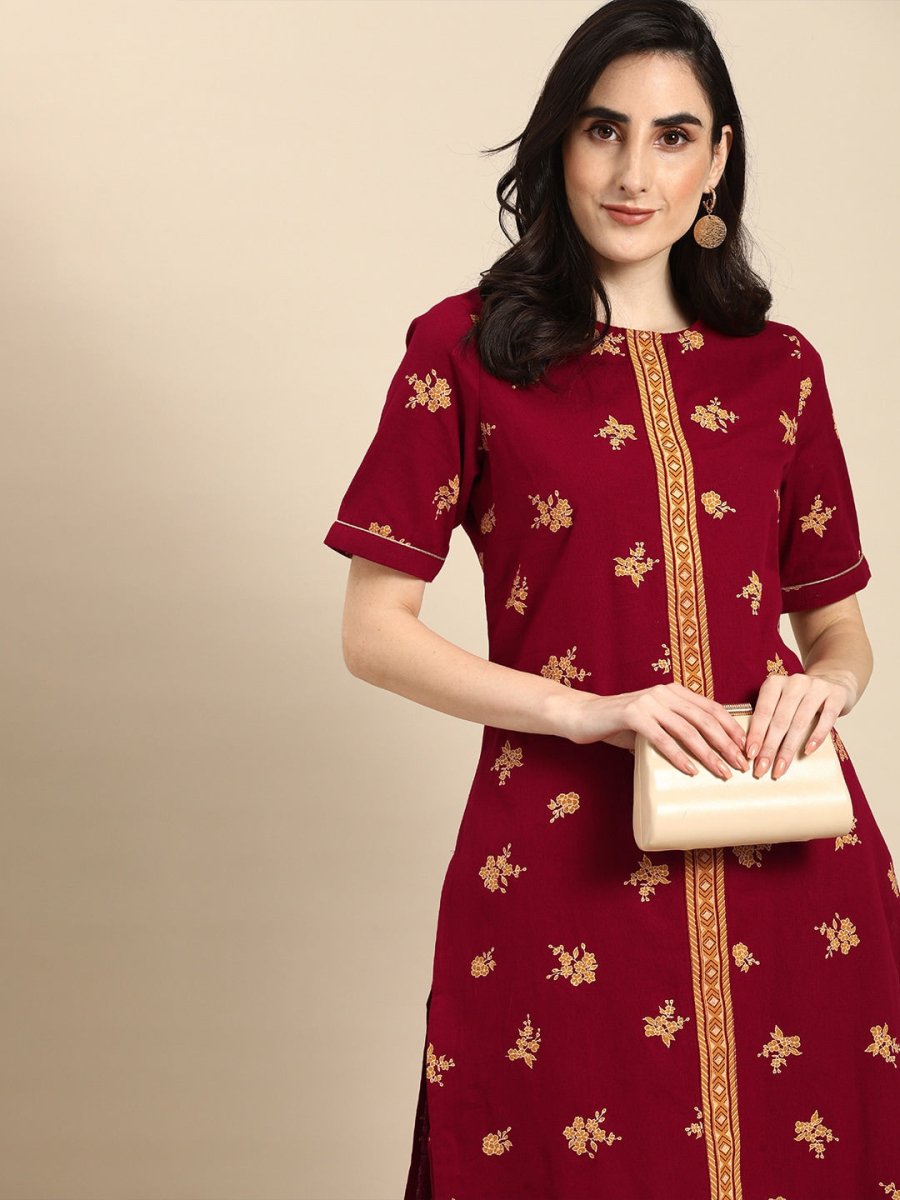All About You Women Maroon & Mustard Yellow Floral Printed Pure Cotton Kurta with Trousers