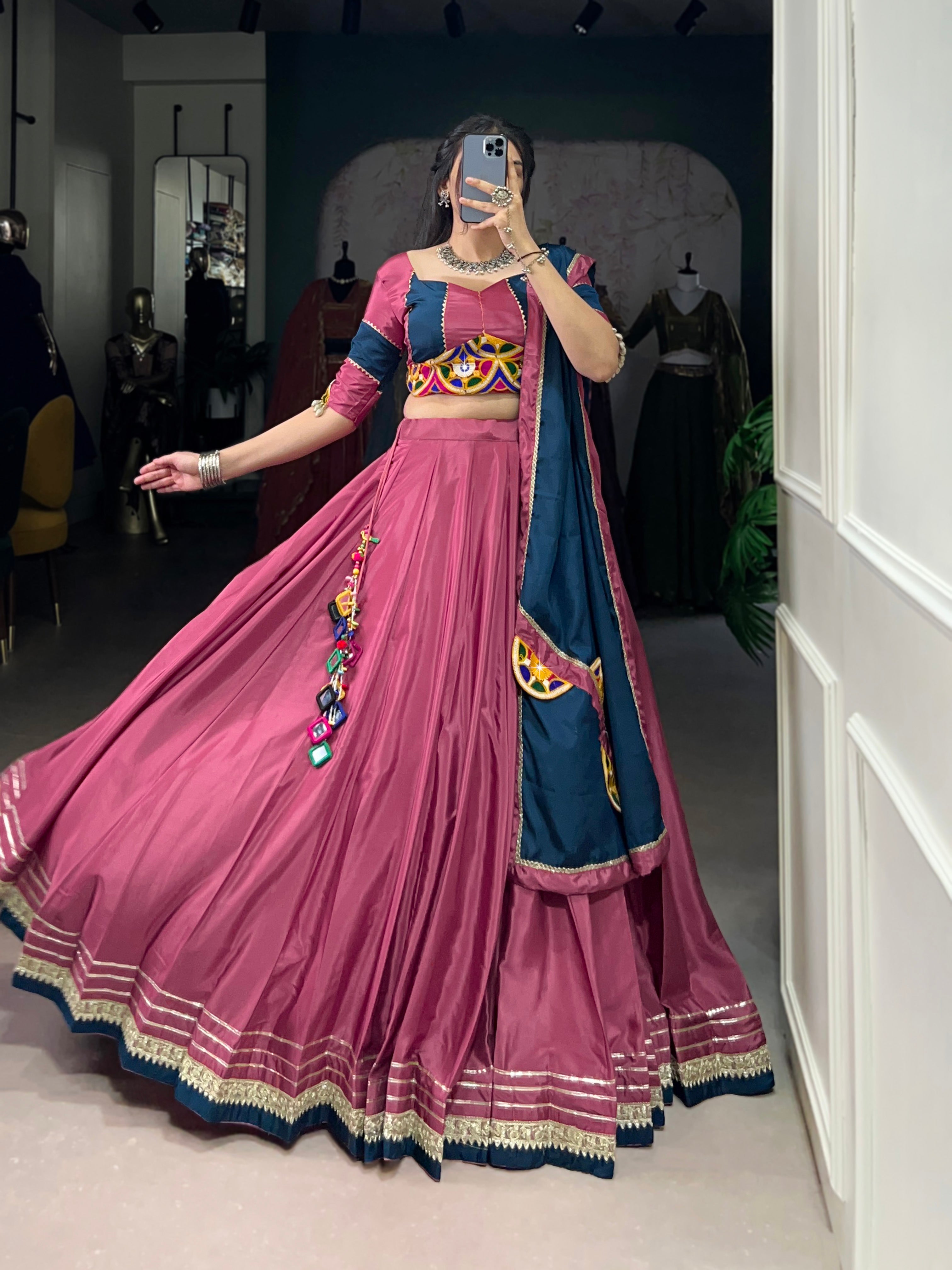 Lorenvalley Pink Silk Crepe Sequins And Thread Embroidery Gotta Patti Lace Touch Up Lehenga Choli with Dupatta
