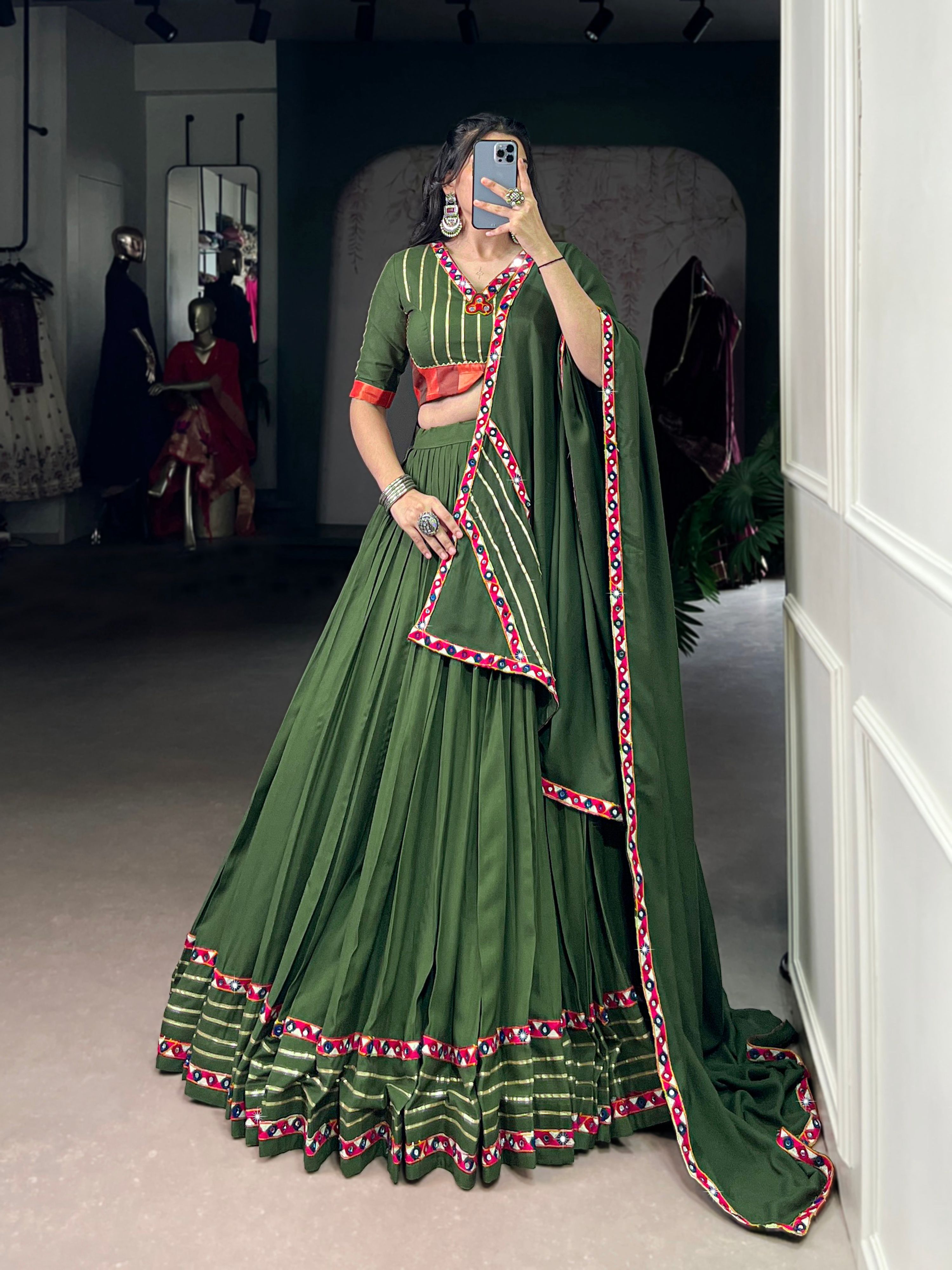 Lorenvalley Fashion Mahendi Pure Rayon Original Mirror Gamthi Work With Gotta Patti Lace Touch Up Lehenga Choli with Dupatta