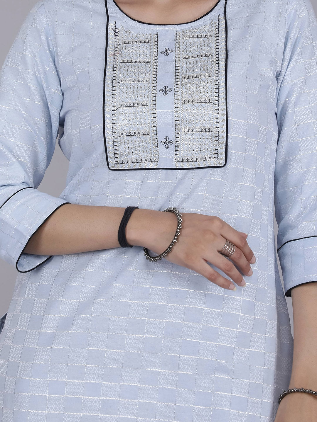 HERE&NOW Women Blue Yoke Design Pure Cotton Thread Work Kurta