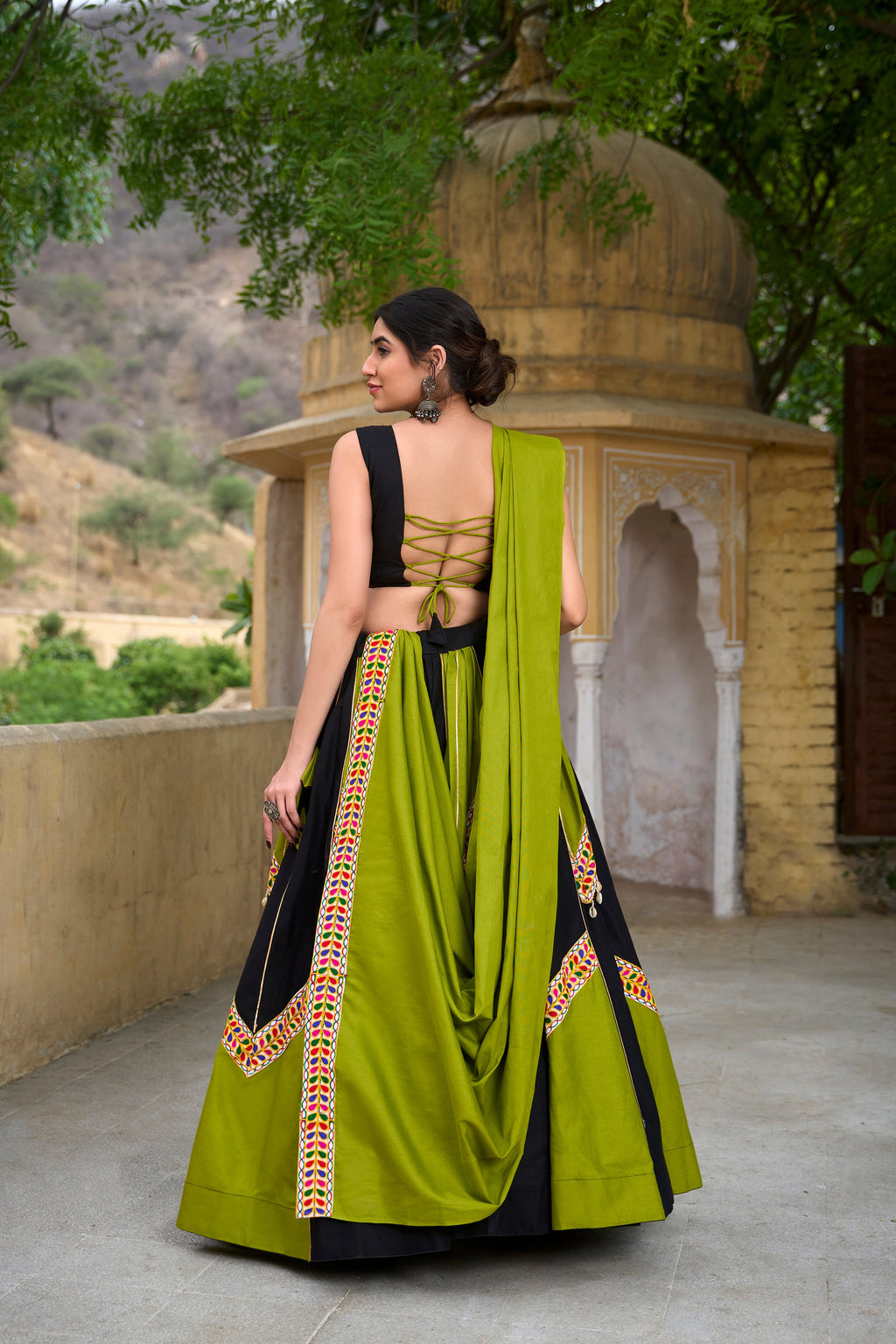Lorenvalley Pure Cotton Plain With Gamthi Work And Gota Patti With Cowrie (Kodi) Lace Touch Up Lehenga Choli with Dupatta