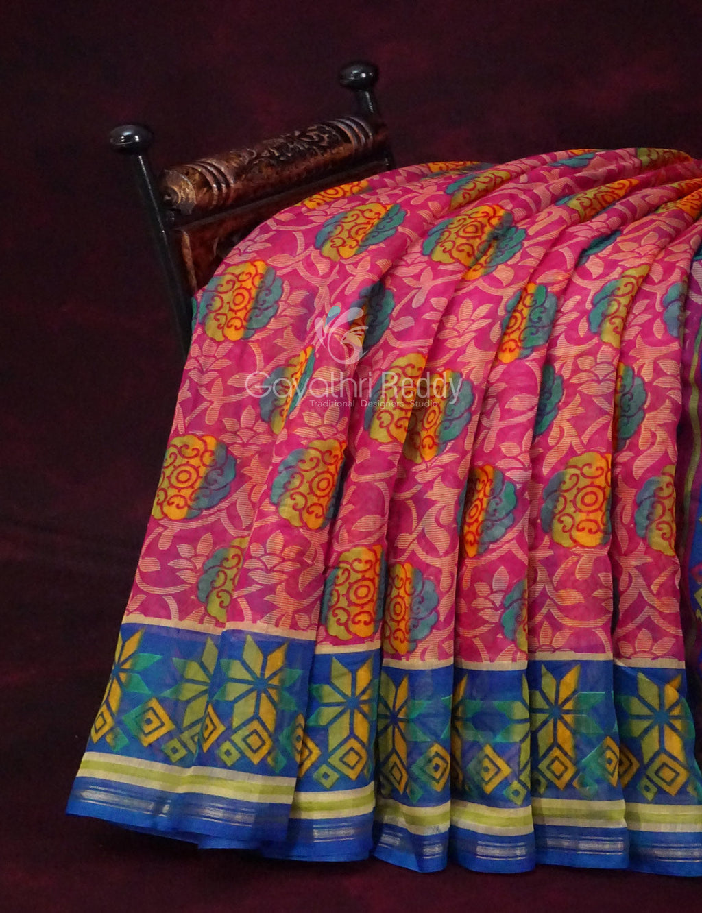 Shades of Rani Pink With Ink Blue Blouse Creeper Design Semi Chanderi Saree By Gayathri Reddy Designer Studio