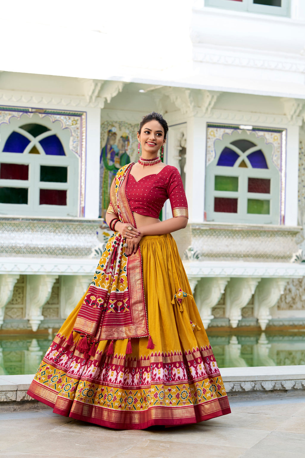 Lorenvalley Mustard Tussar Silk Patola Print With foil work Lehenga Choli