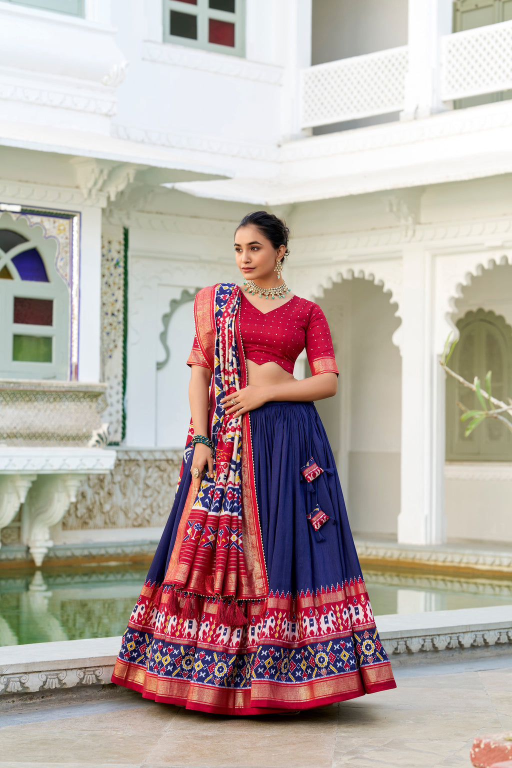 Lorenvalley Navyblue Tussar Silk Patola Print With foil work Lehenga Choli