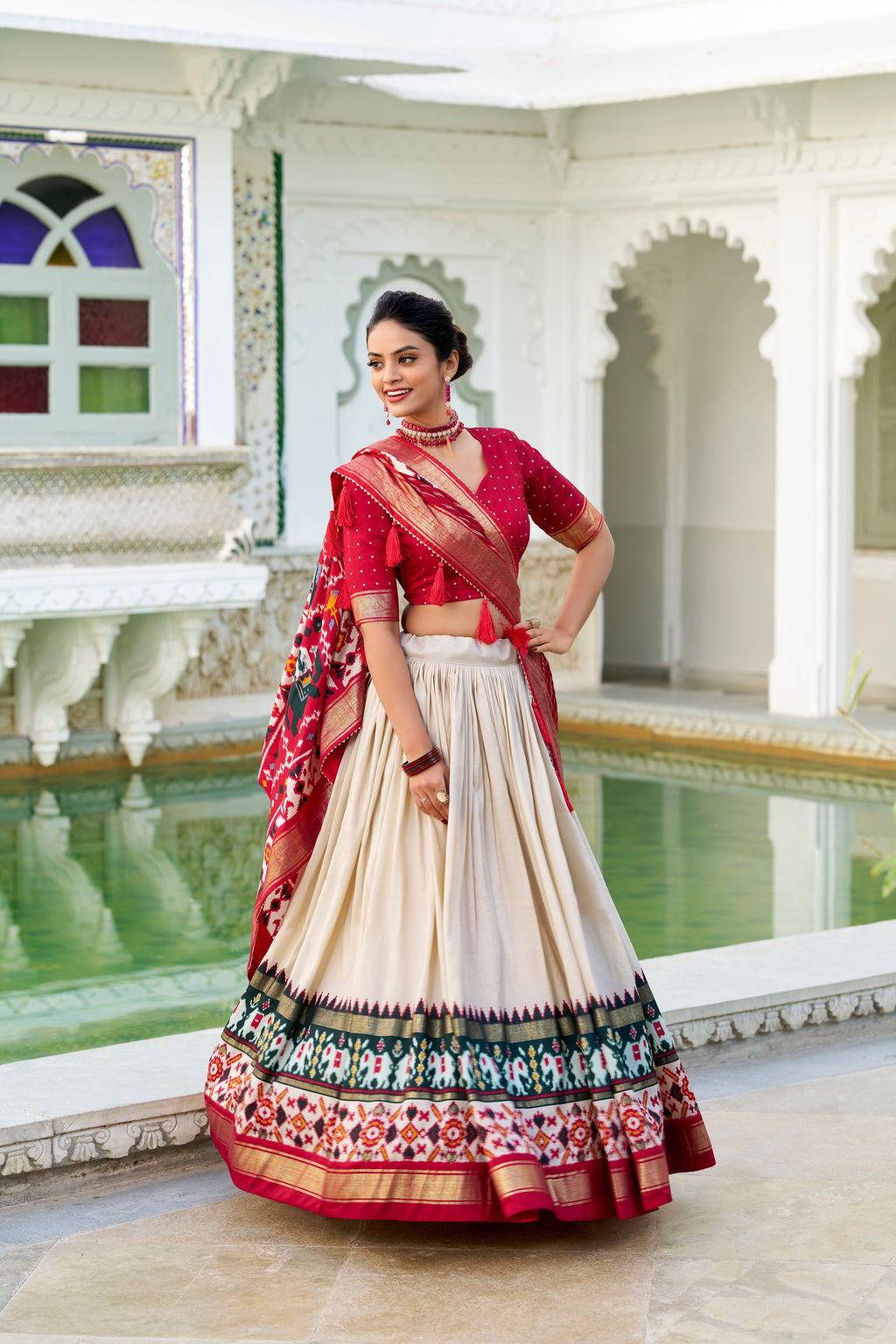 Lorenvalley Offwhite Tussar Silk Patola Print With foil work Lehenga Choli