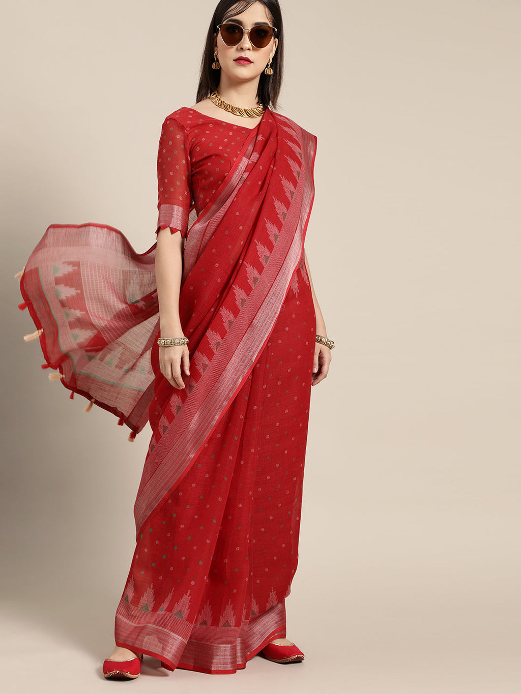 Saree Mall Saree Mall Blazing Red Linen Blend Saree