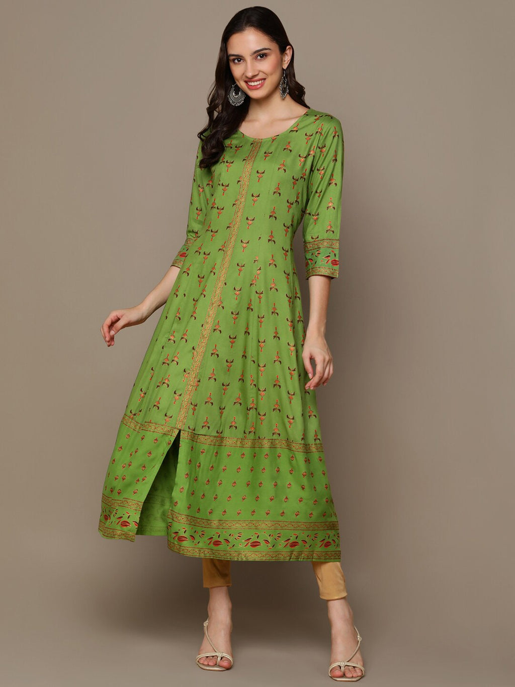HERE&NOW Green & Maroon Ethnic Motifs Printed A-Line Kurta