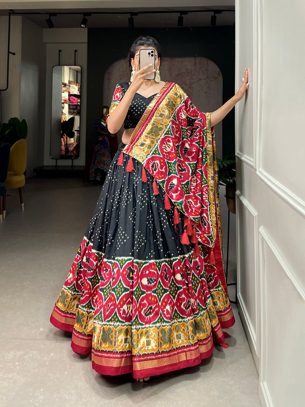 Lorenvalley Black Tussar Silk Patola Print With foil work Lehenga Choli with Dupatta