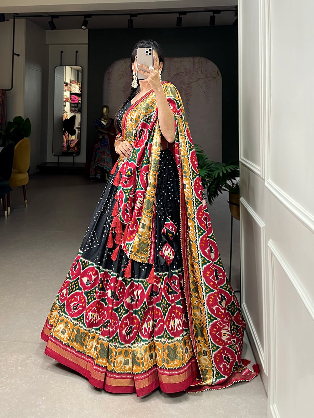 Lorenvalley Black Tussar Silk Patola Print With foil work Lehenga Choli with Dupatta