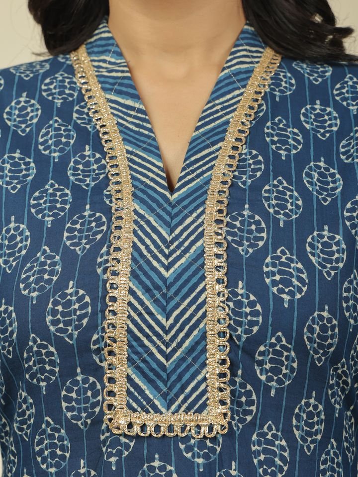 Aramya Straight Soft Cotton Block Print Women's Kurta Set - Blue