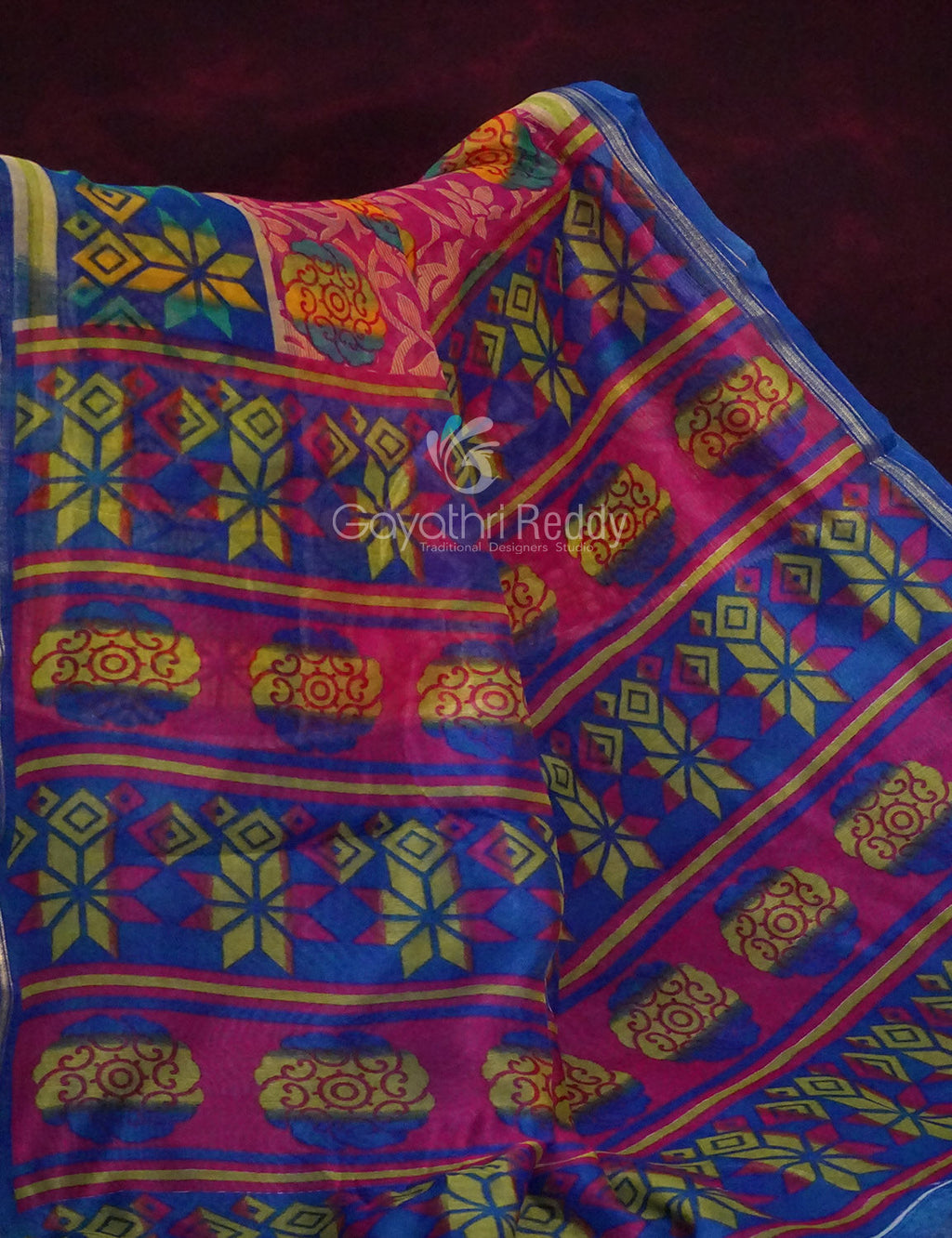Shades of Rani Pink With Ink Blue Blouse Creeper Design Semi Chanderi Saree By Gayathri Reddy Designer Studio