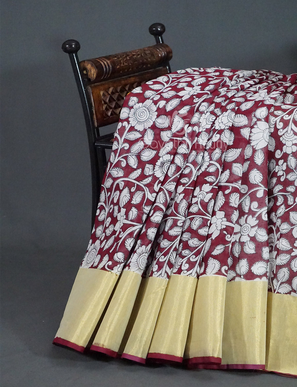 Gleaming Dark Maroon Kalamkari Cotton Linen Printed Saree By Gayathri Reddy Designer Studio