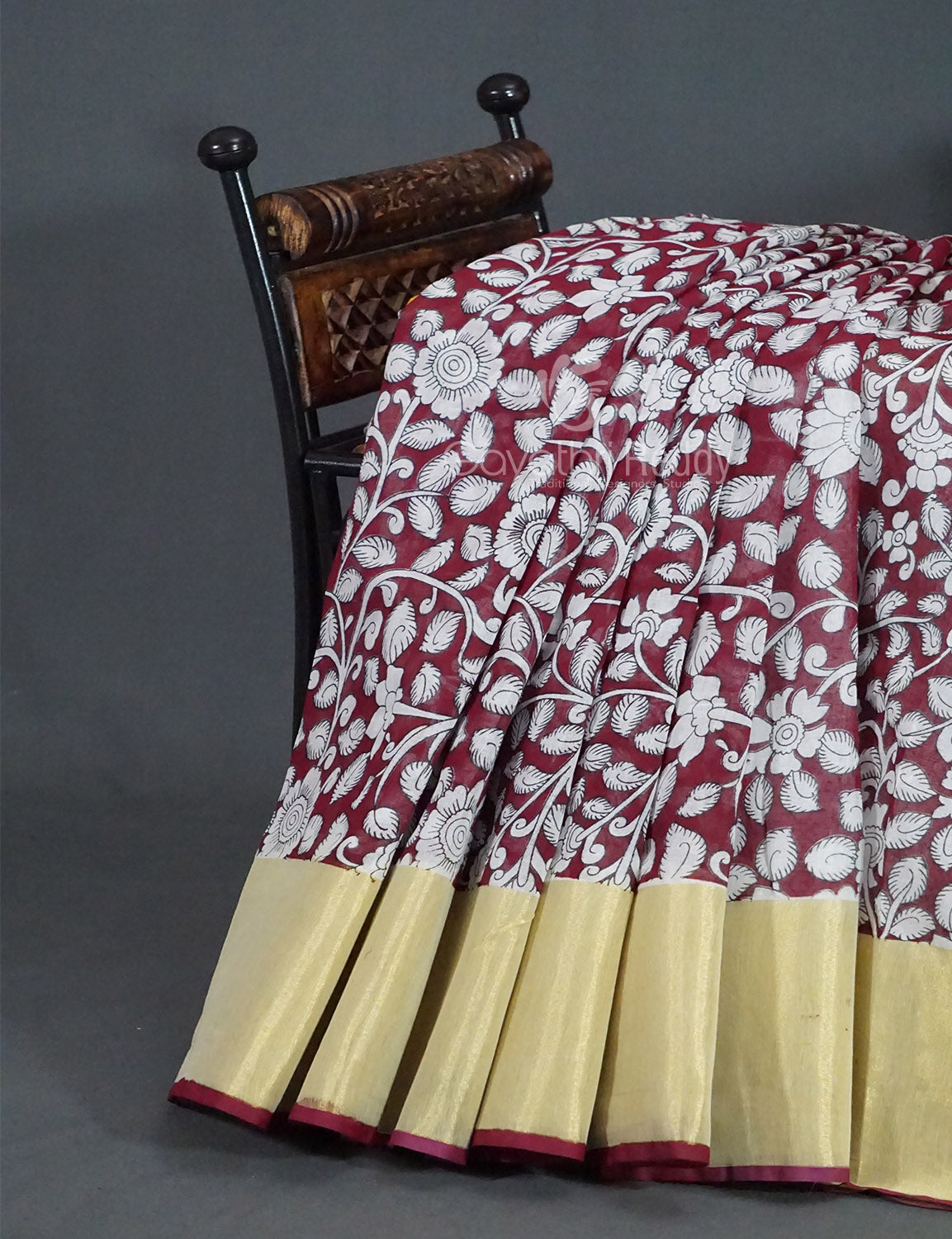 Gleaming Dark Maroon Kalamkari Cotton Linen Printed Saree By Gayathri Reddy Designer Studio