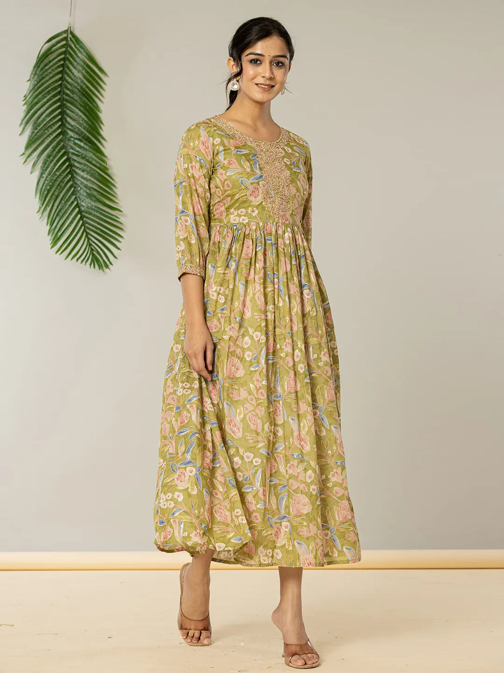Yufta Green Pure Cotton Dori Embroidery Dress