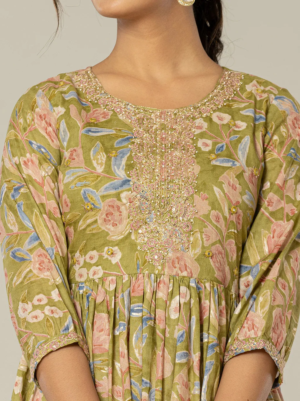 Yufta Green Pure Cotton Dori Embroidery Dress