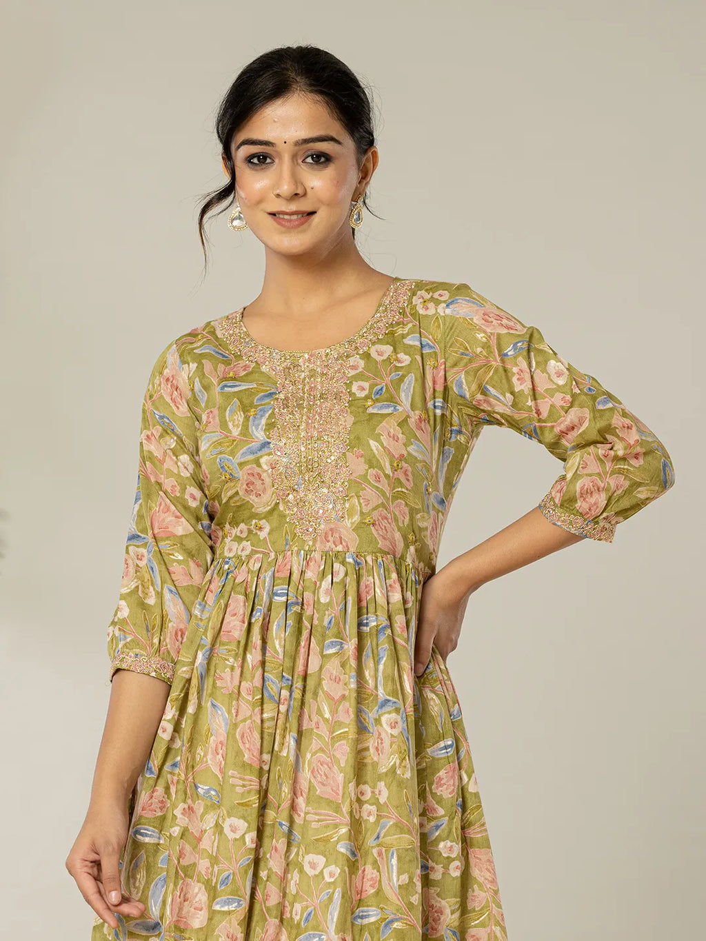 Yufta Green Pure Cotton Dori Embroidery Dress