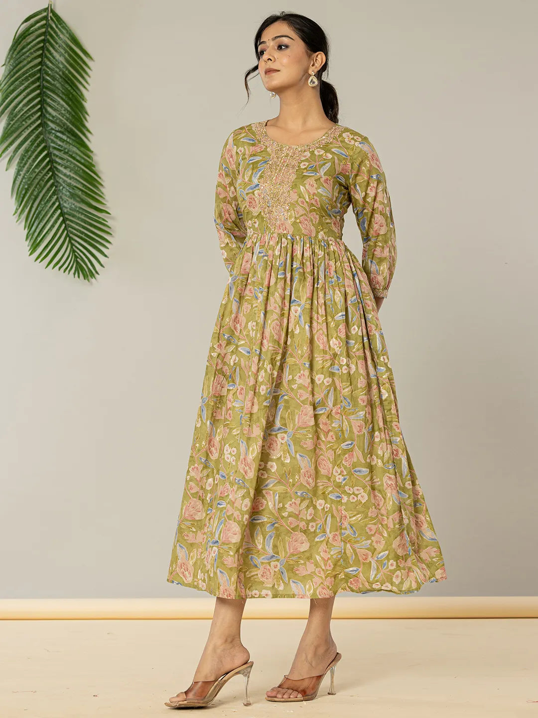 Yufta Green Pure Cotton Dori Embroidery Dress