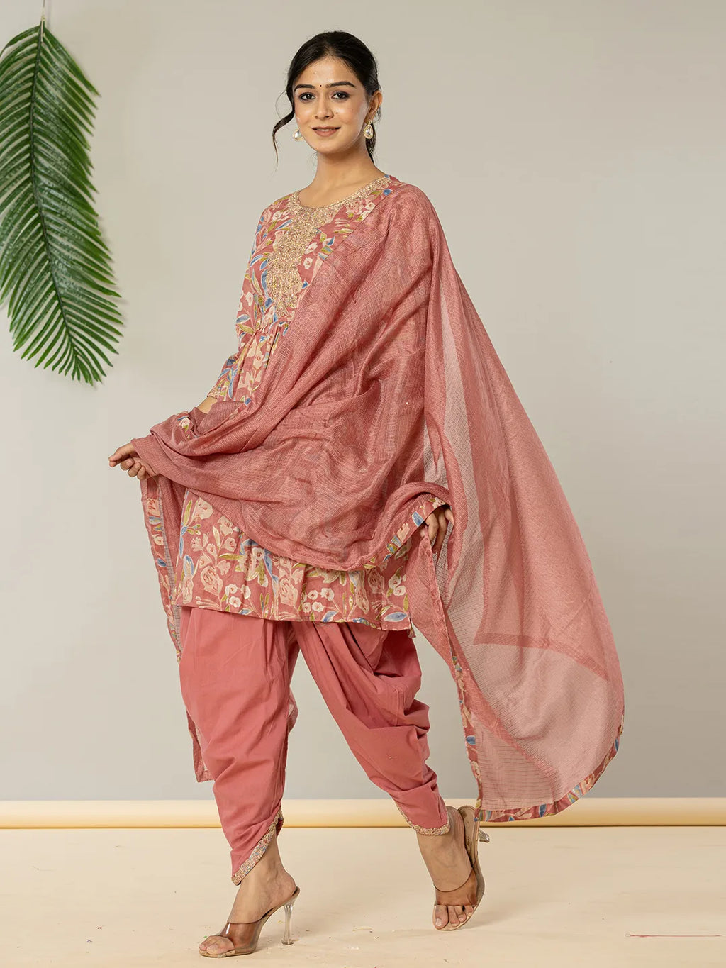 Yufta Pink Cotton Embroidery A-Line Kurta Dupatta Set