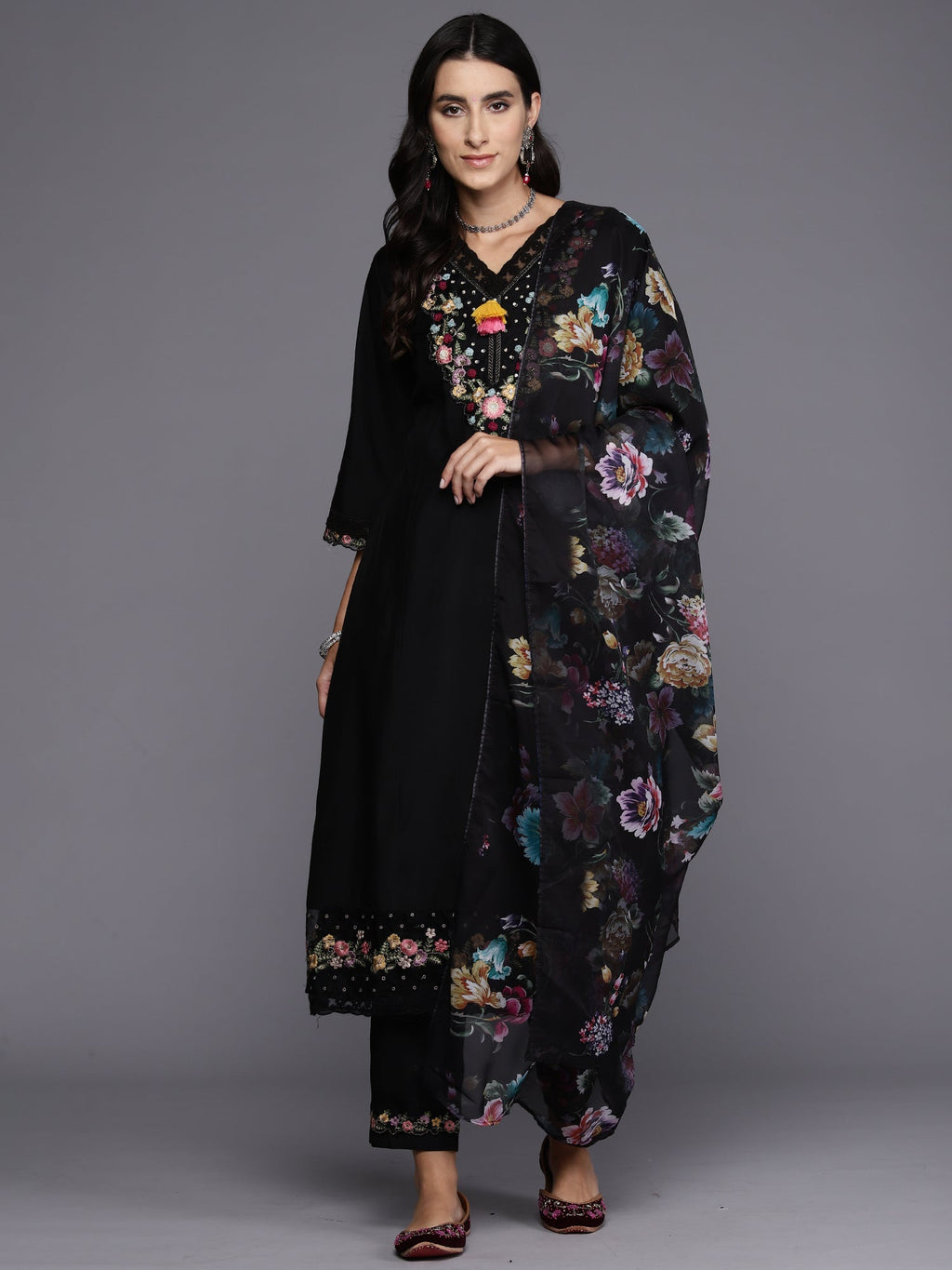 Indo Era Black Embroidered A-Line Kurta Trousers With Dupatta Set