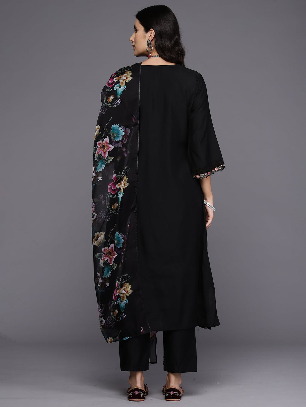 Indo Era Black Embroidered A-Line Kurta Trousers With Dupatta Set
