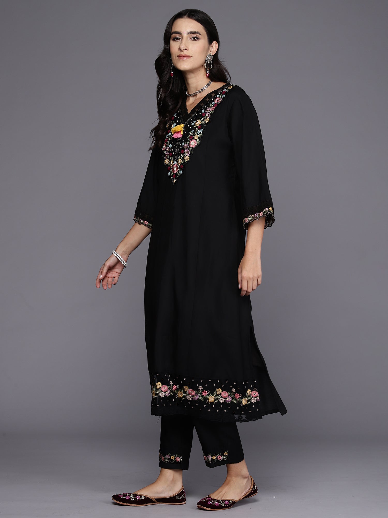 Indo Era Black Embroidered A-Line Kurta Trousers With Dupatta Set