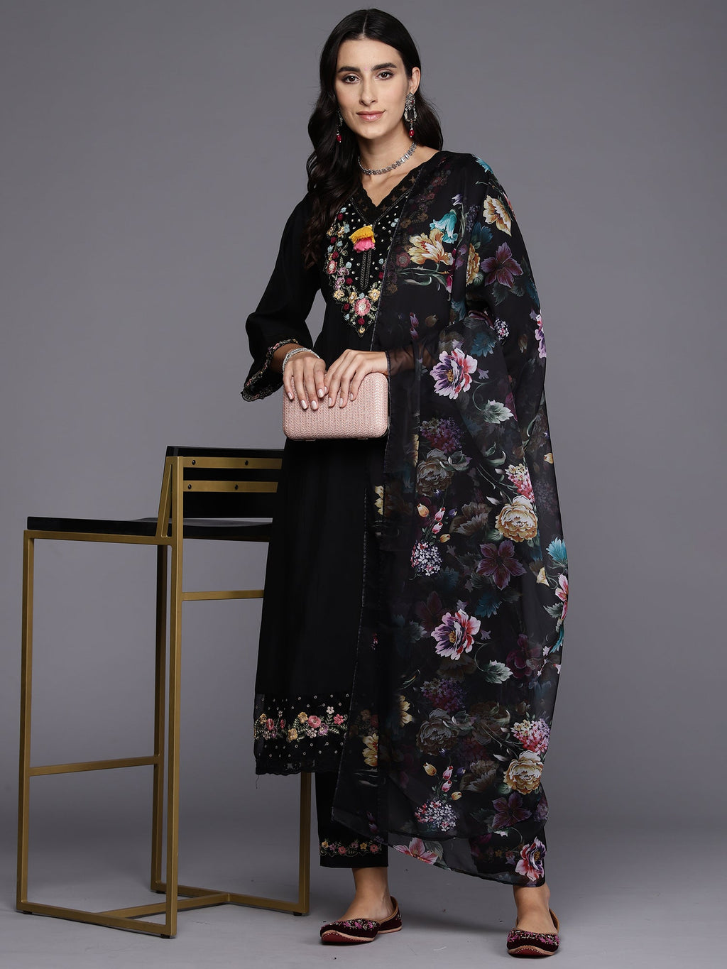 Indo Era Black Embroidered A-Line Kurta Trousers With Dupatta Set