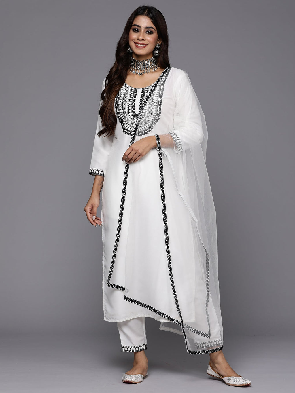 Indo Era White Embroidered Straight Kurta Trousers With Dupatta Set
