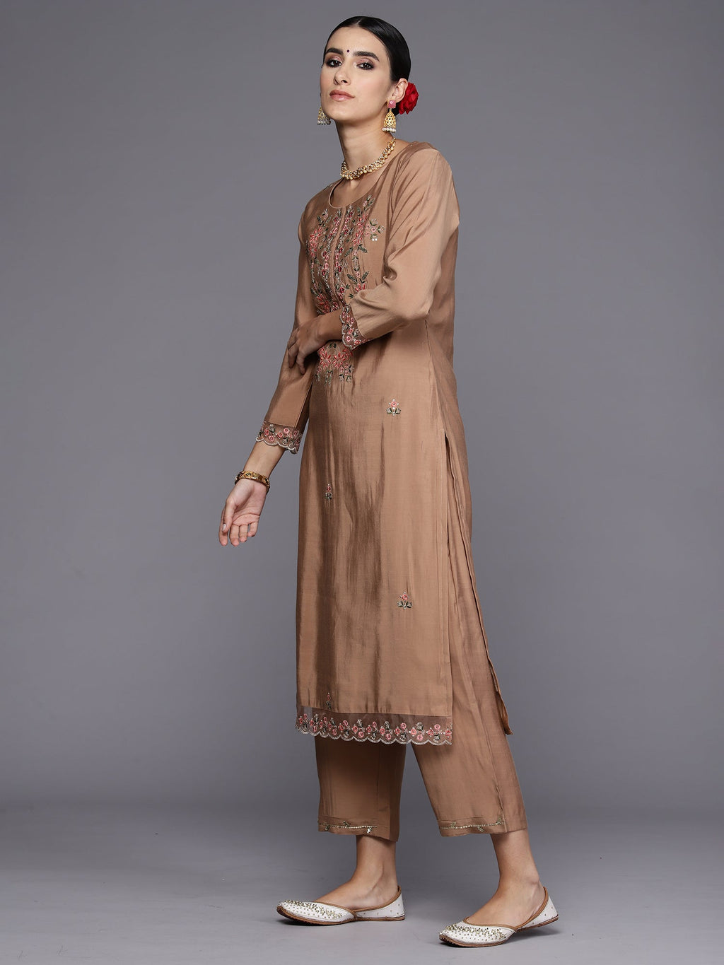 Indo Era Brown Embroidered Straight Kurta Trousers With Dupatta Set