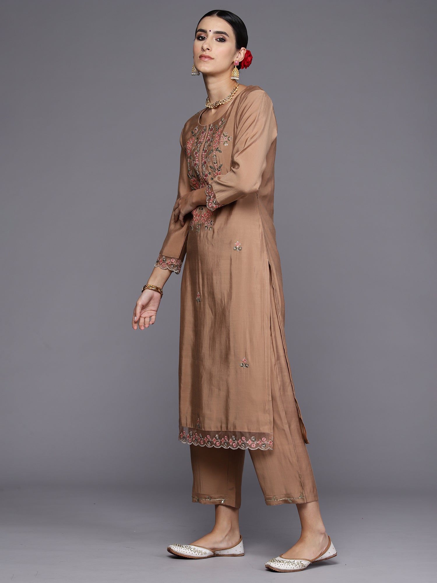 Indo Era Brown Embroidered Straight Kurta Trousers With Dupatta Set