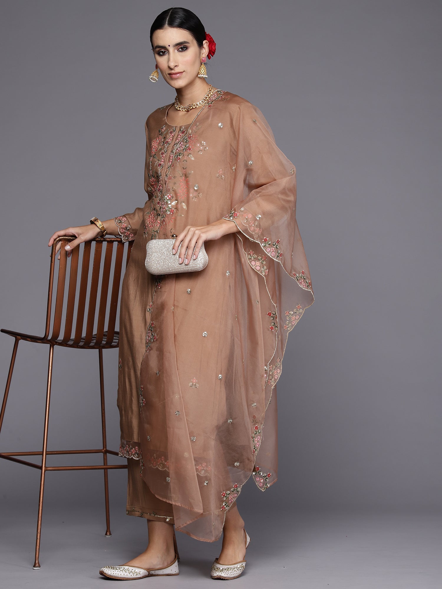 Indo Era Brown Embroidered Straight Kurta Trousers With Dupatta Set