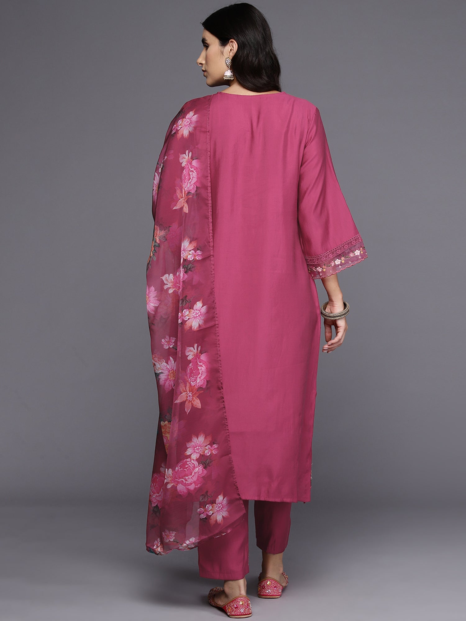 Indo Era Pink Embroidered A-Line Kurta Trousers With Dupatta Set