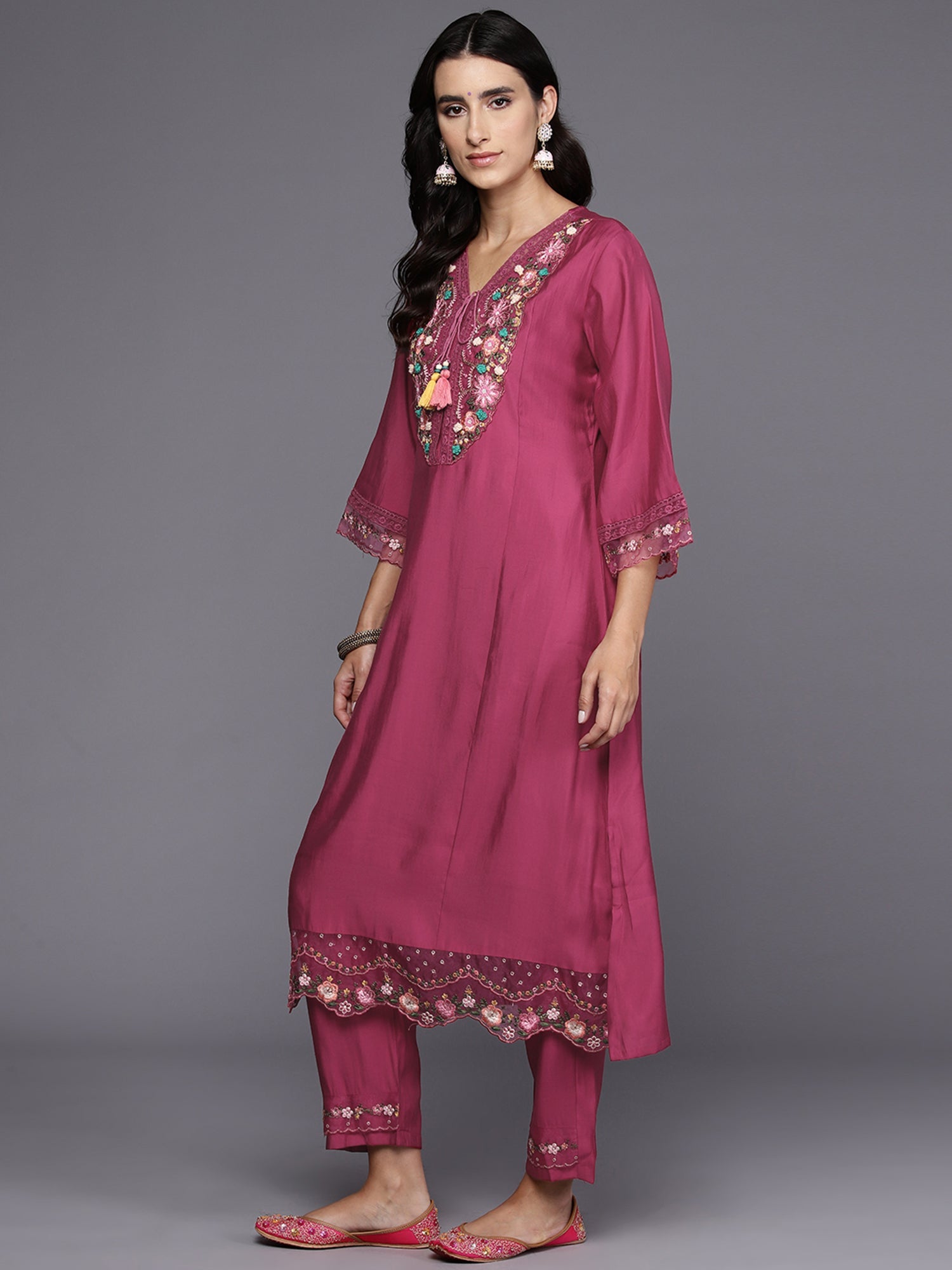 Indo Era Pink Embroidered A-Line Kurta Trousers With Dupatta Set