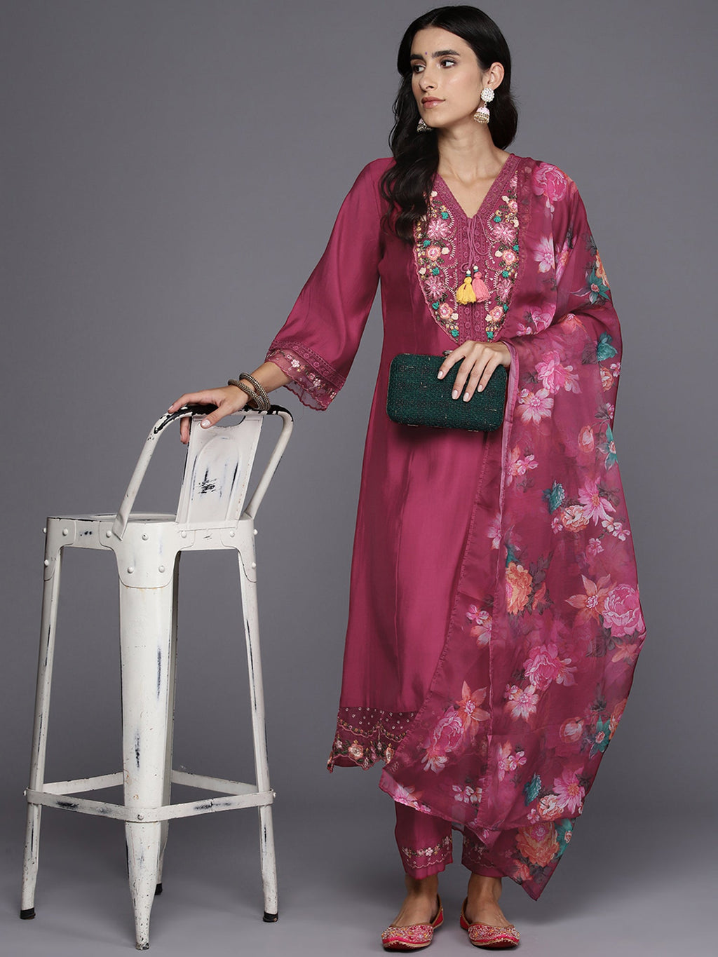 Indo Era Pink Embroidered A-Line Kurta Trousers With Dupatta Set