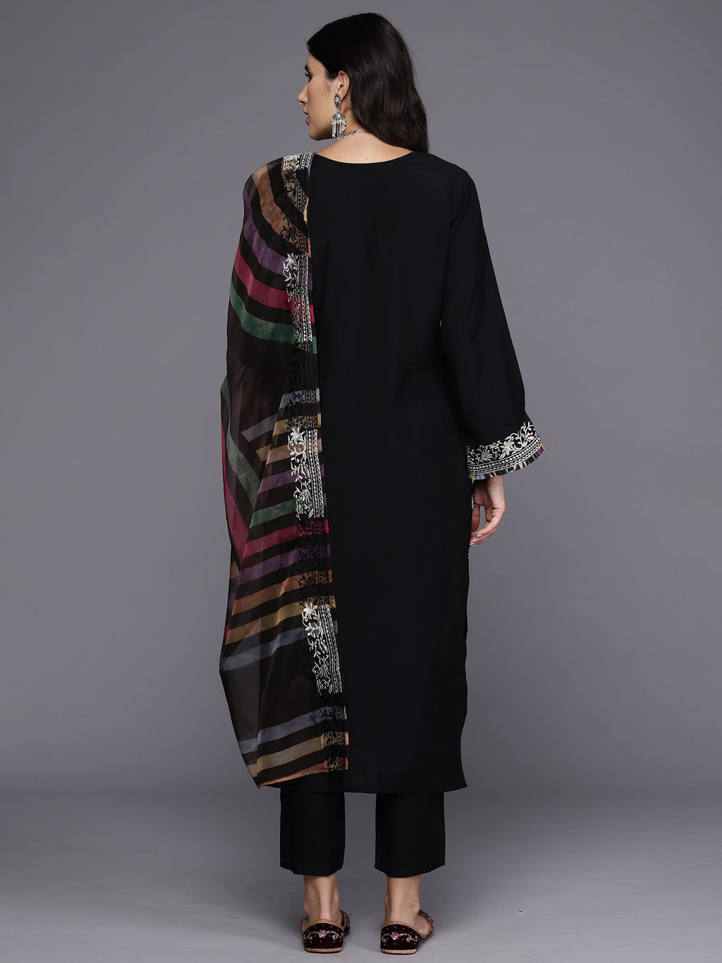 Indo Era Black Embroidered Straight Kurta Trousers With Dupatta Set