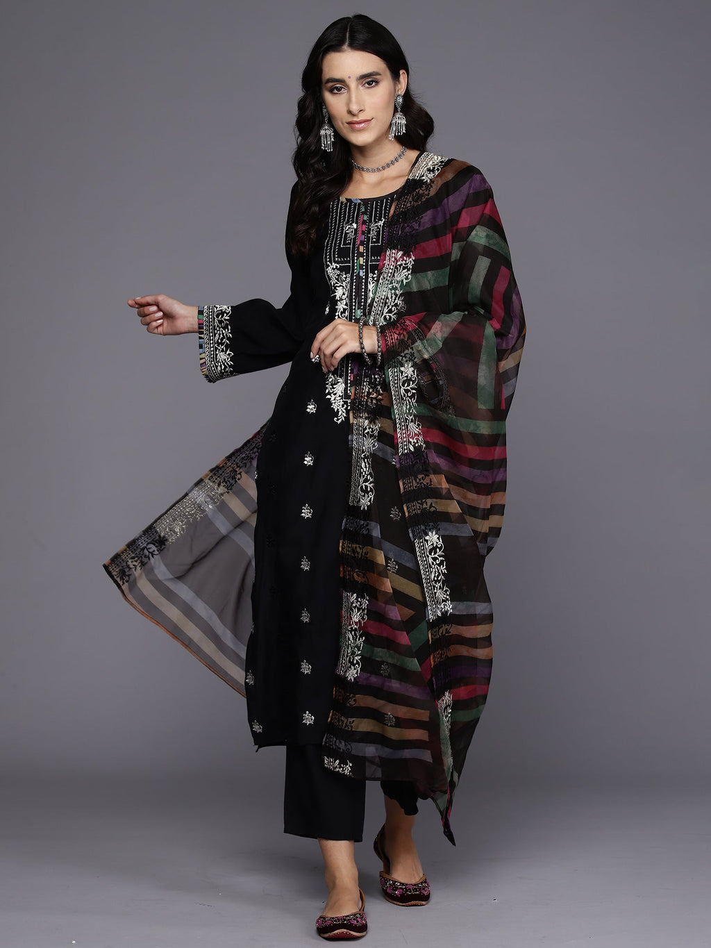 Indo Era Black Embroidered Straight Kurta Trousers With Dupatta Set