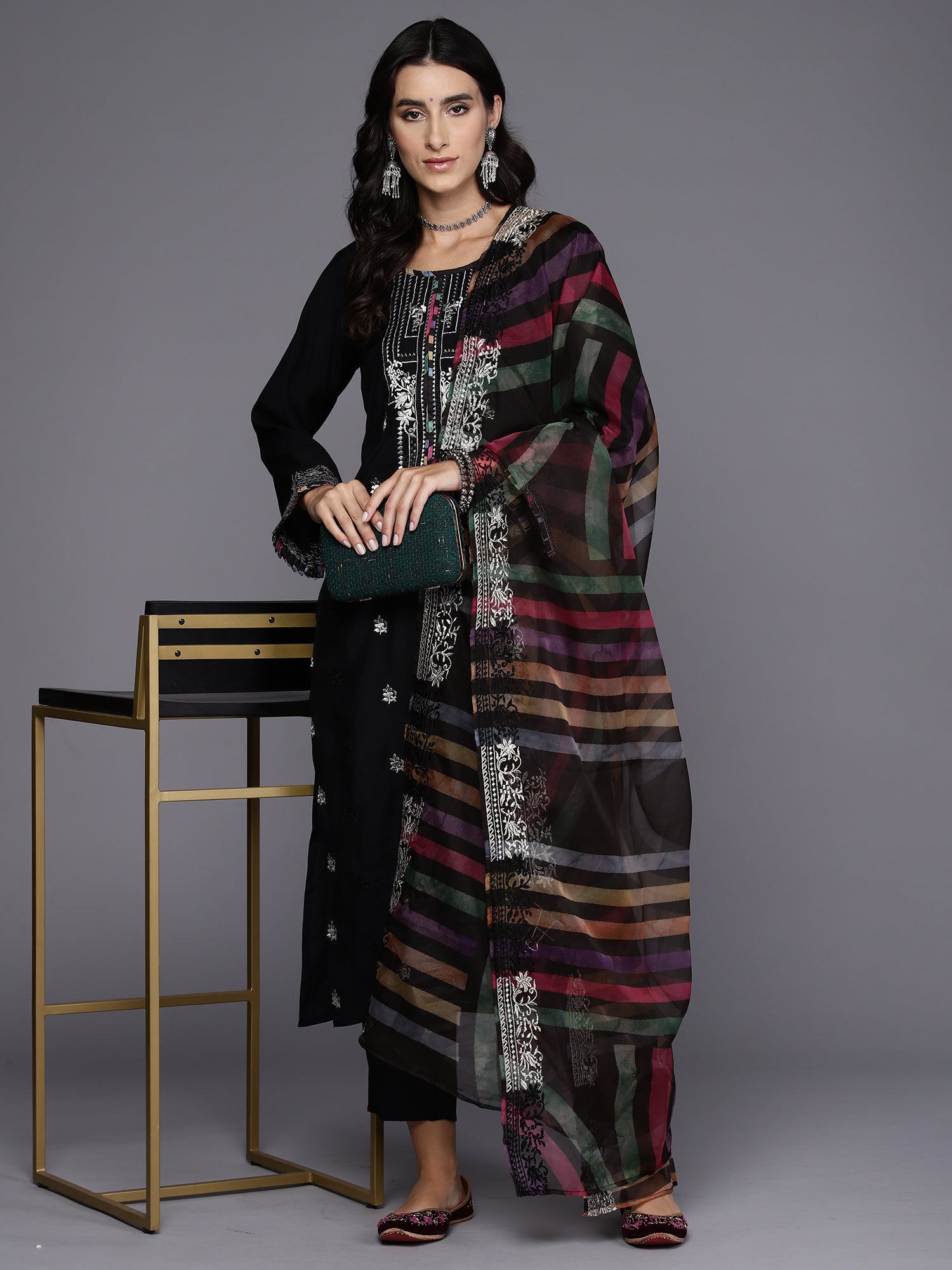 Indo Era Black Embroidered Straight Kurta Trousers With Dupatta Set