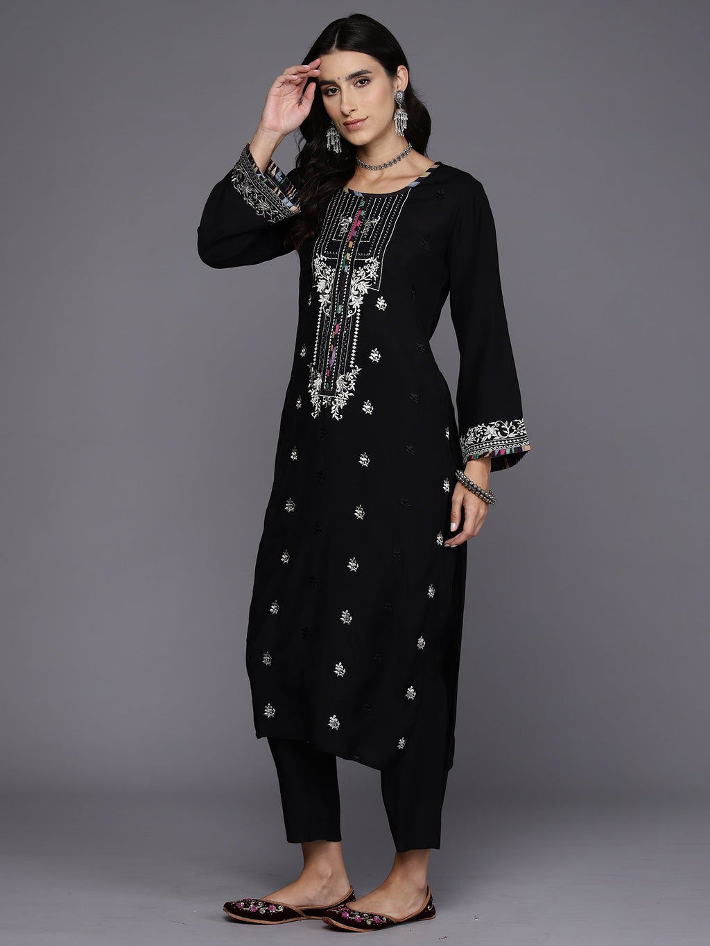 Indo Era Black Embroidered Straight Kurta Trousers With Dupatta Set