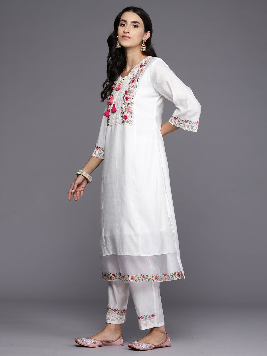 Indo Era White Embroidered A-Line Kurta Trousers With Dupatta Set