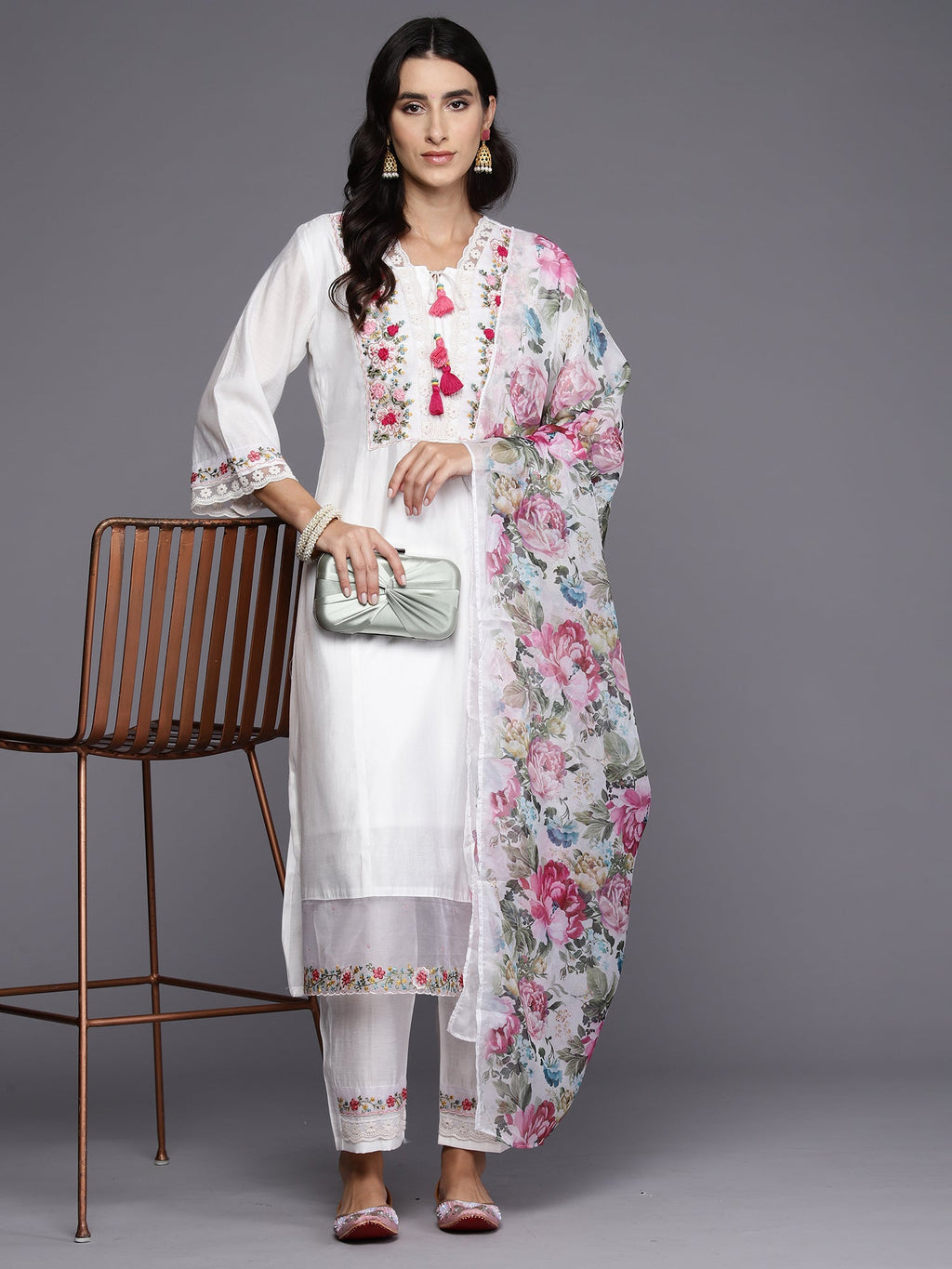Indo Era White Embroidered A-Line Kurta Trousers With Dupatta Set