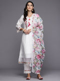 Indo Era White Embroidered A-Line Kurta Trousers With Dupatta Set
