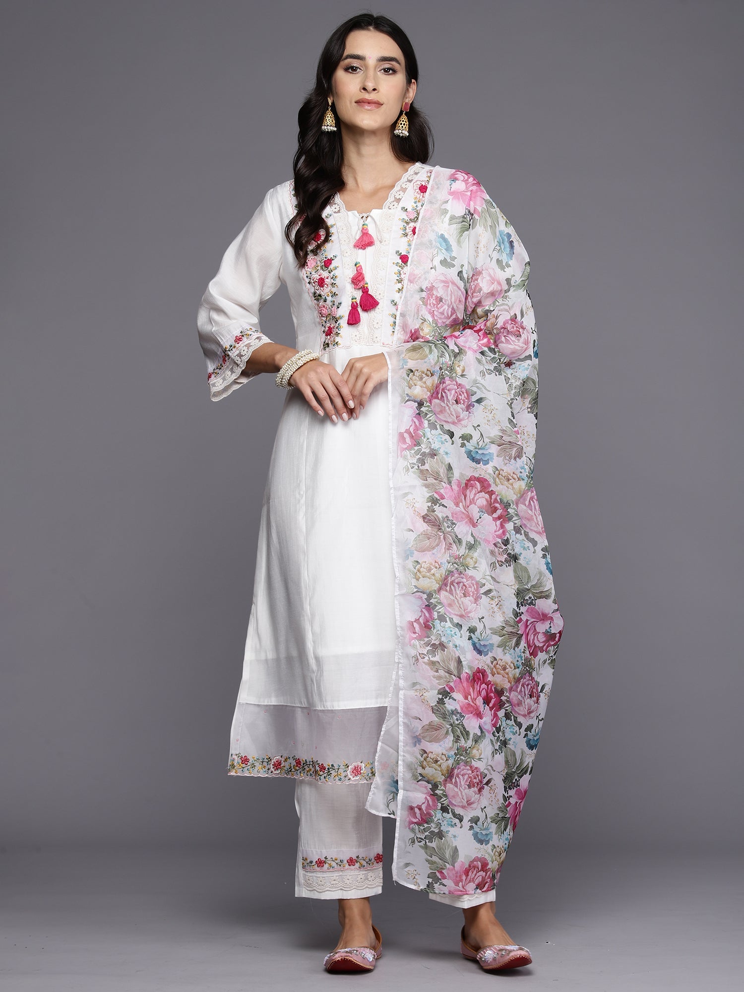 Indo Era White Embroidered A-Line Kurta Trousers With Dupatta Set