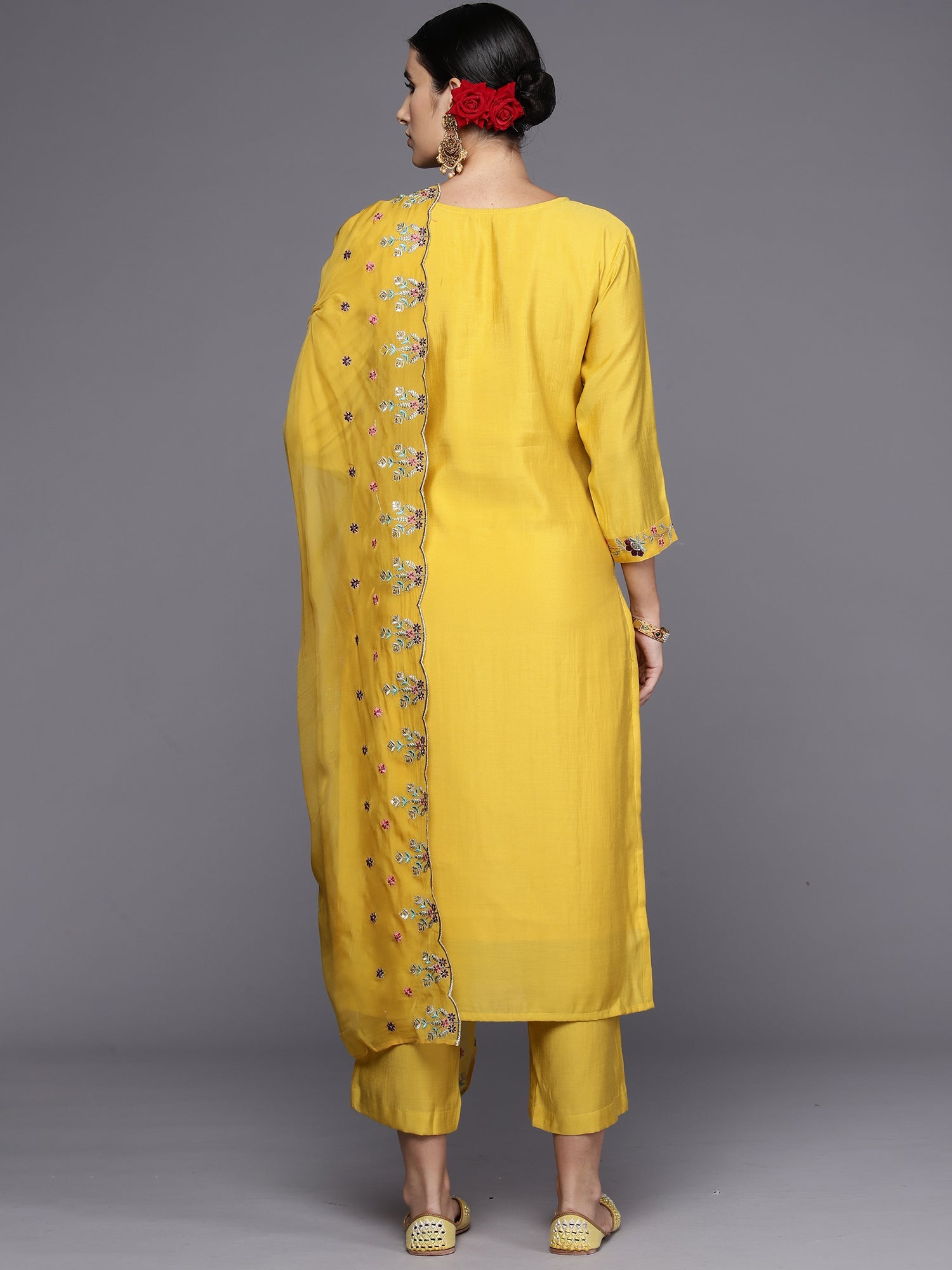 Indo Era Yellow Embroidered Straight Kurta Trousers With Dupatta Set