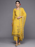 Indo Era Yellow Embroidered Straight Kurta Trousers With Dupatta Set
